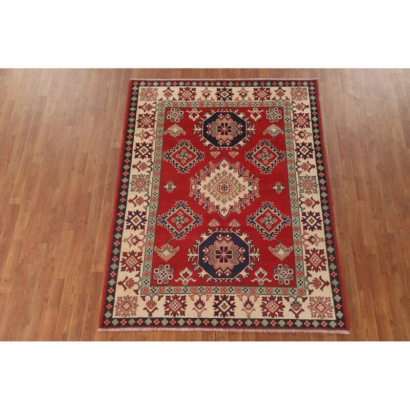 Geometric Kazak Area Rug Handmade Red Wool Carpet - 5'1" x 6'8"