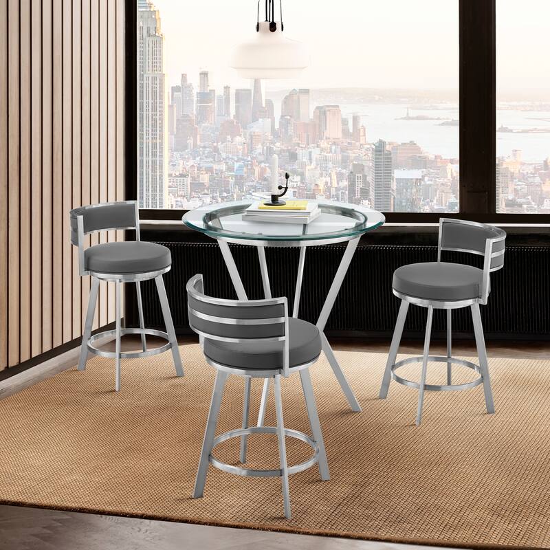 Naomi and Roman Counter Height Dining Set in Grey Faux Leather - 4-Piece Sets - Brushed Stainless Steel & Gray