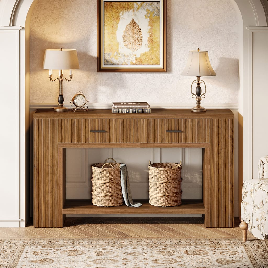 2-Tier Console Table with 2 Drawers, 59" Farmhouse Entryway Table with Storage Shelf
