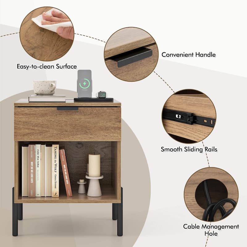 Costway Nightstand with Charging Station Drawer Compartment Modern