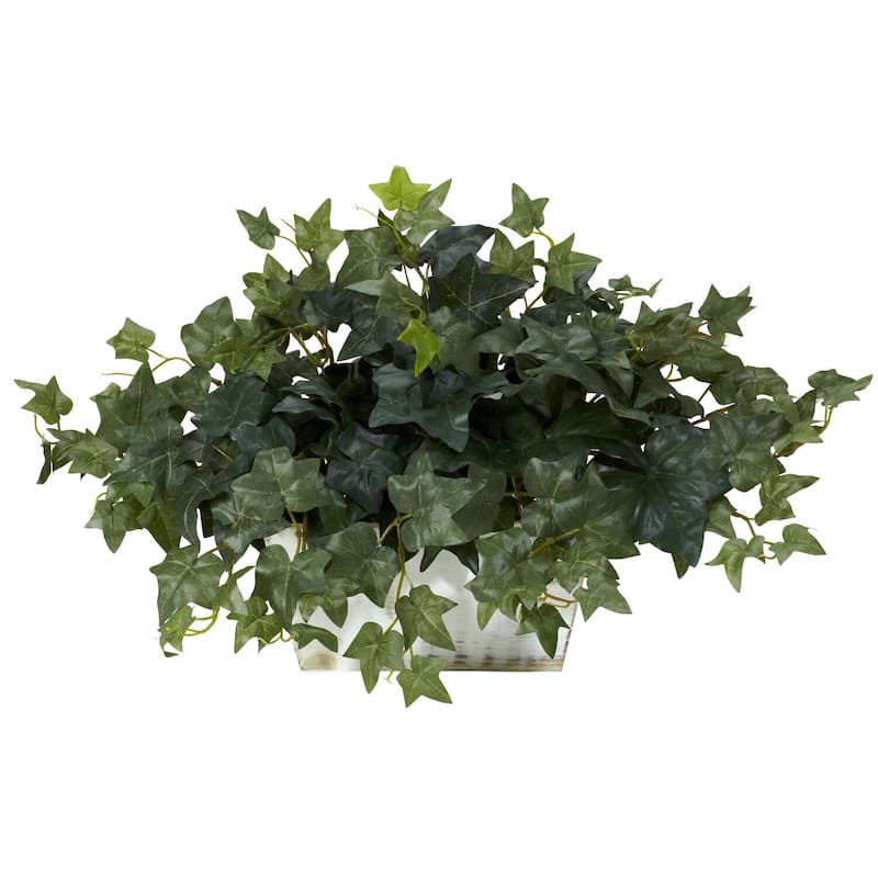 Silk Plant with Whitewash Planter - Faux Greenery Home Decor - Earthy Elements Indoor Plant - 1.17ft.