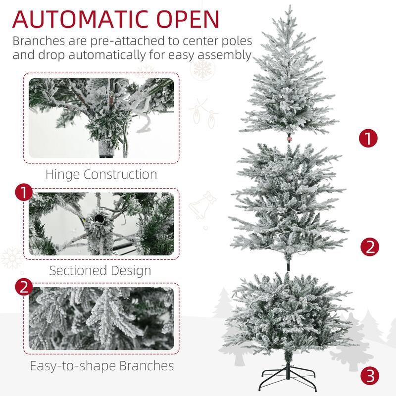 7.5ft Tall Prelit Artificial Christmas Tree Holiday Décor with 850 Snow Flocked Branches, 350 Warm Yellow Clear Lights - Green