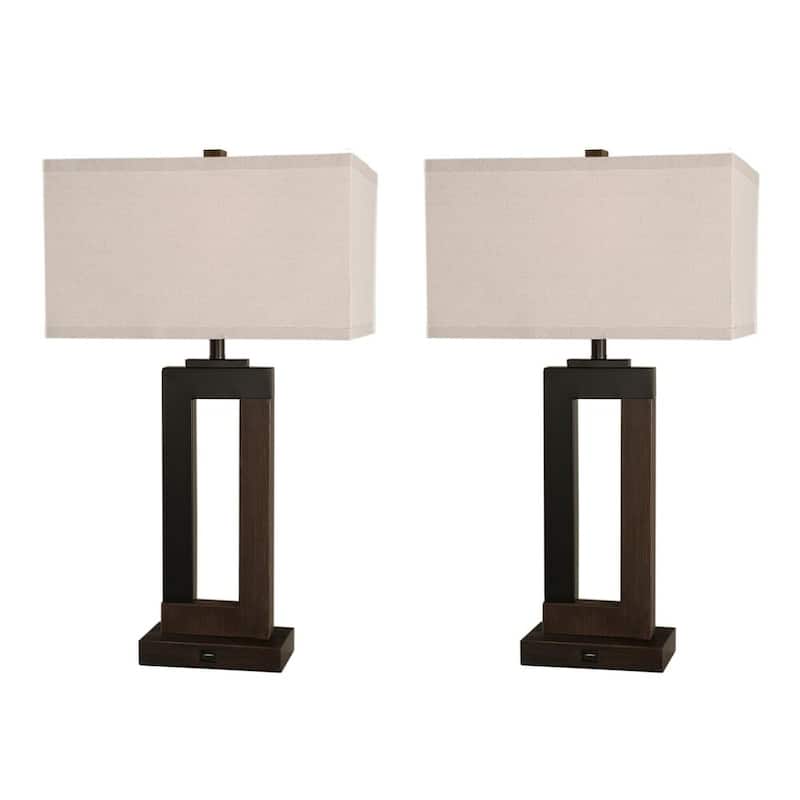 25.9" Rectangle Cotton Shade Wood Table Lamps Set of 2