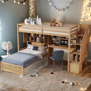 Home Kids Twin over Twin Staircase Loft Bed with Built-in Desk and Storage Cabinets