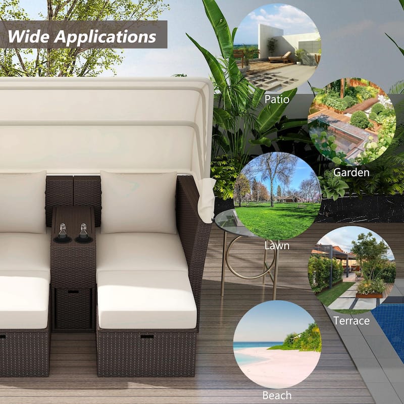 Outdoor Patio Loveseat Sofa Set with Foldable Awning