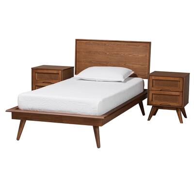 Melora Mid-Century Modern Walnut Brown Finished Wood and Rattan 3-Piece/4-Piece/5-Piece Bedroom Set (Multiple Bed Sizes)