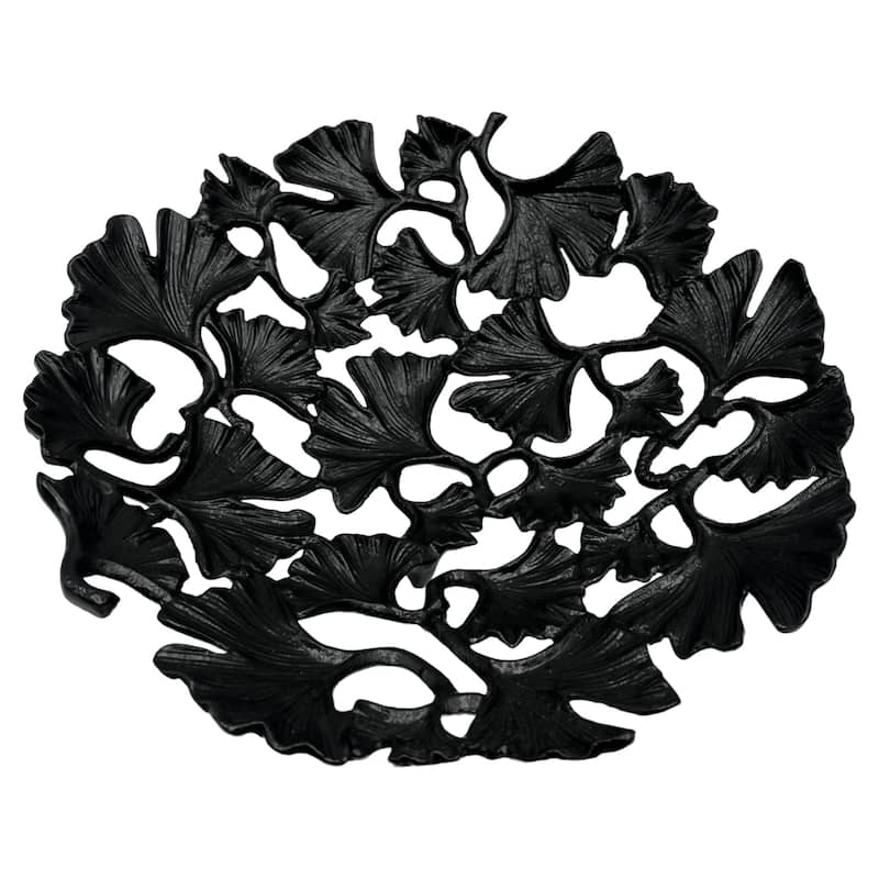 15 Inch Wide Decorative Handmade Aluminum Ginkgo Leaf Bowl - 14.5 x 14.5 x 4 in - Black