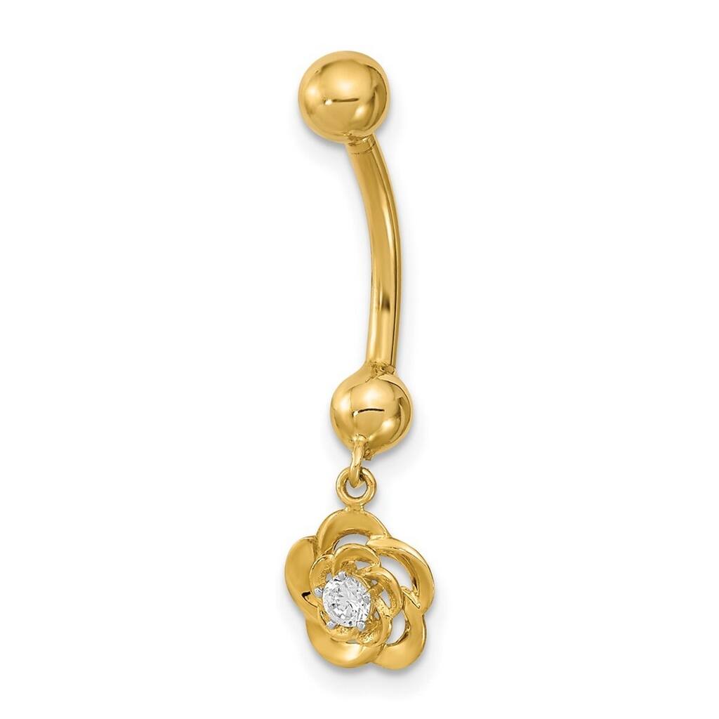 Curata 14k Yellow Gold 14g CZ Simulated Diamond Dangle Flower Belly Navel Ring Body Jewelry