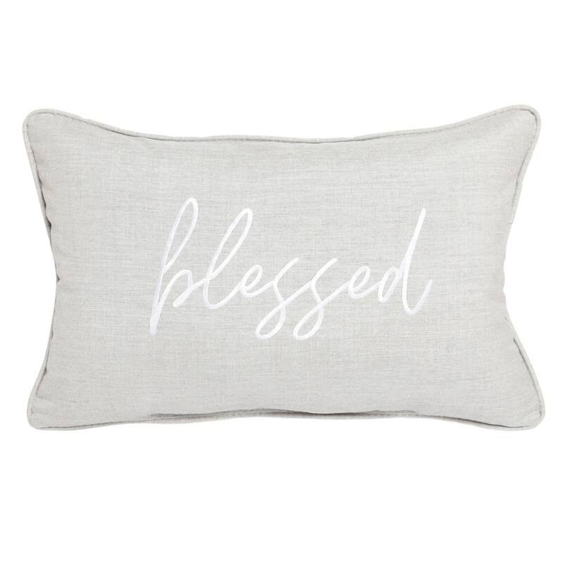 Sunbrella Canvas Embroidered "Blessed" Indoor/Outdoor 13x20 Corded Lumbar Pillow (Single) - 13 in L x 20 in W - Cast Silver with White Embroidery