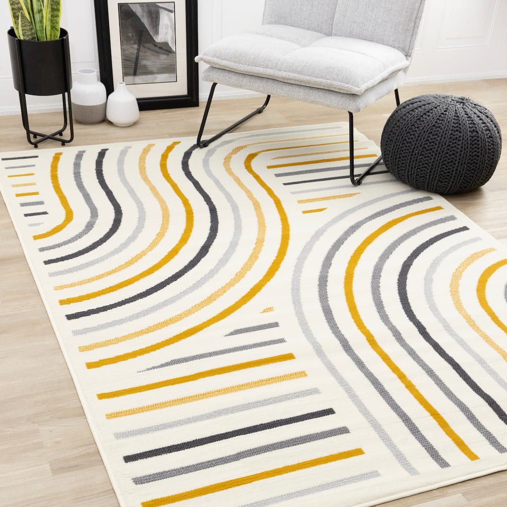 Forte Yellow Grey White Curvy Lines Area Rug, 4'7" x 6'7"