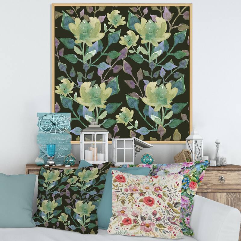 Designart "Light Green Botanicals On Dark Green" Traditional Framed