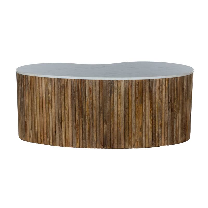 48" Curved Mango Wood Coffee Table with White Banswara Marble Top