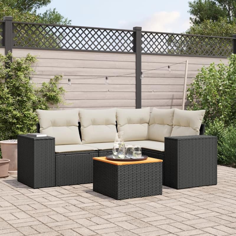 vidaXL Patio Sofa Set with Cushions Outdoor Furniture 5 Piece Poly Rattan - 21.7 x 21.7 x 14.6 - Black and cream 5 Piece Set