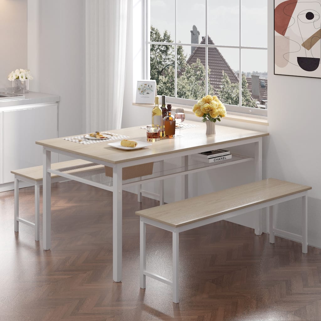 3 Piece 4 Seater Dining Table Set, Farmhouse Kitchen Dining Table Set with 2 Benches, Metal Frame and MDF Board Dining Table Set