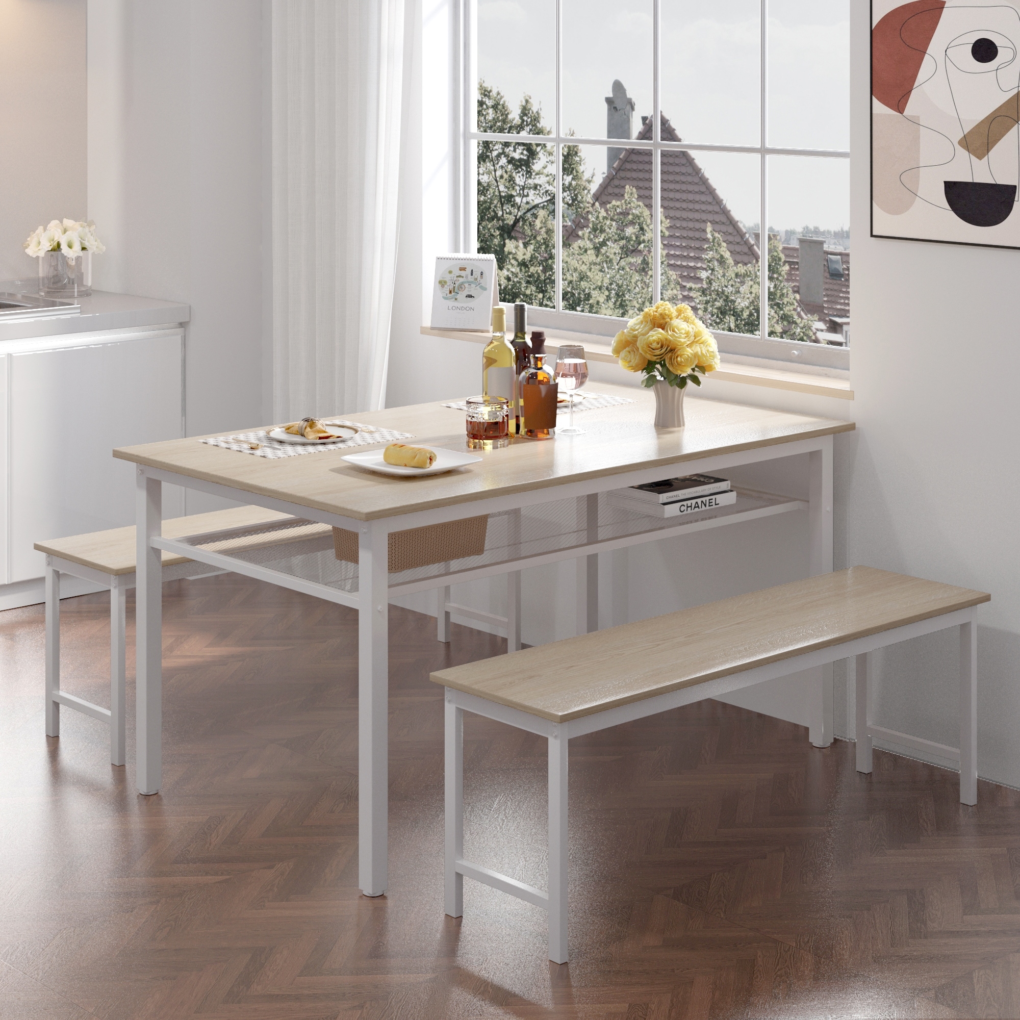 3-Piece Kitchen Table and Chairs Set with Two Benches and