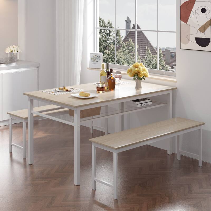 3 Pieces Farmhouse Kitchen Table Set with Two Benches, Metal Frame and MDF Board