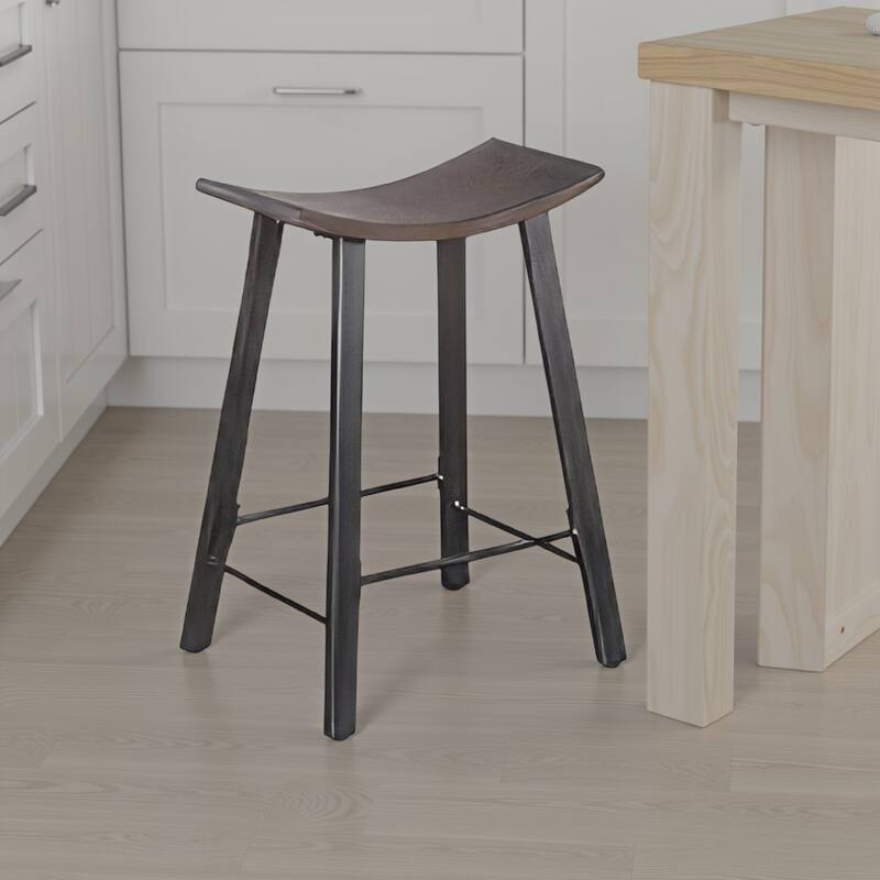 Flint Counter Stool Set of 2, Curved Dark Brown Mahogany, 24 Inch