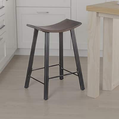 Flint Counter Stool Set of 2, Curved Dark Brown Mahogany, 24 Inch