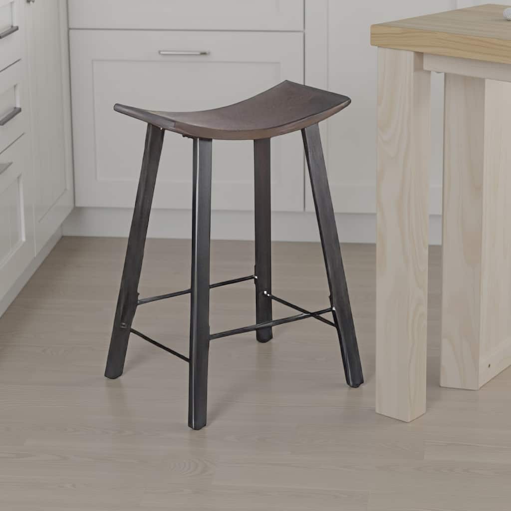 Flint Counter Stool Set of 2, Curved Dark Brown Mahogany, 24 Inch