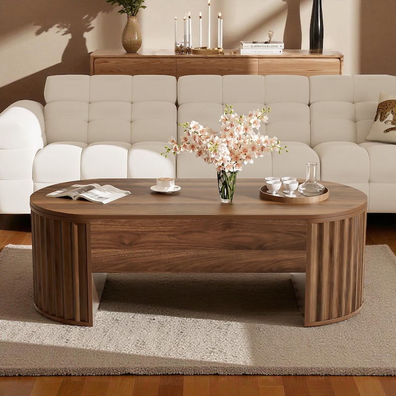 47.2'' Modern Oval Lift-Top Coffee Table with Hidden Storage Compartment, Wooden Center Table for Living Room - Brown