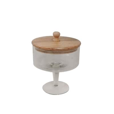 Sm. Pedestal Glass Jar with Wood Top