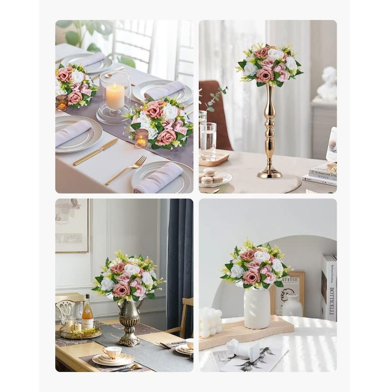 White-Pink Silk Flower Balls Set of 10 with Plastic Stem Bases - 9.4 x 9.4 x 4.7 inch