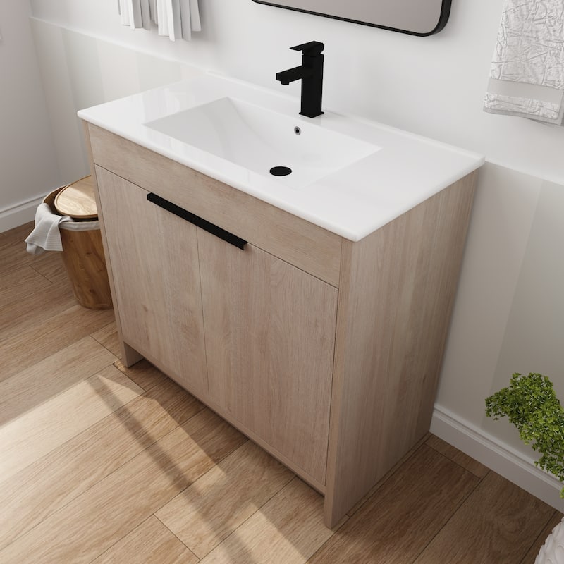 36 Inch Freestanding Bathroom Vanity with White Ceramic Sink,2 Soft-Close Cabinet Doors
