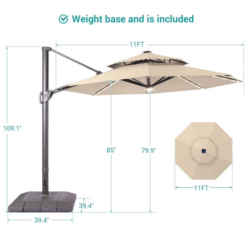 Bonosuki 11Ft Aluminum LED Cantilever Patio Umbrella with Base for Patio Deck Garden