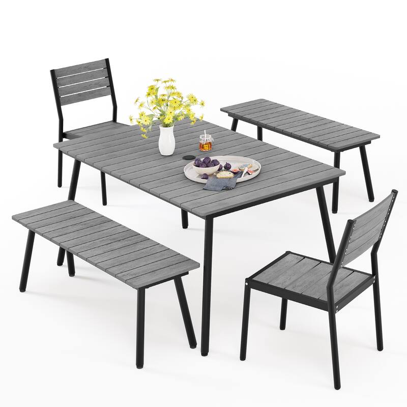 Pellebant Outdoor Patio Dining Set with Stackable Dining Chairs and Bench - Grey - Set of 5