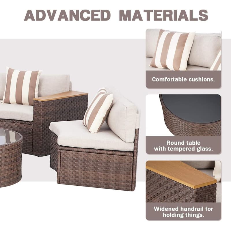 Outdoor Patio Furniture 5-piece Rattan Wicker Half-Moon Half Round Curved Sofa Sectional Set
