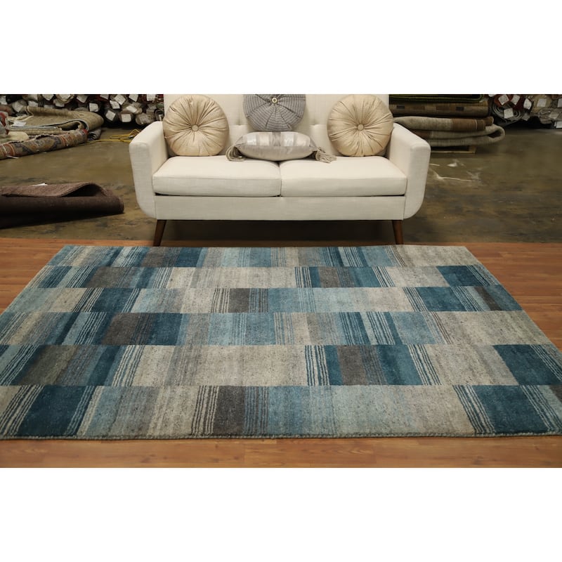 Hand Knotted Oriental 100% Wool Carpet Modern Geometric Navy Blue & Blues Gabbeh Area Rug - 7' 9'' X 5' 6''