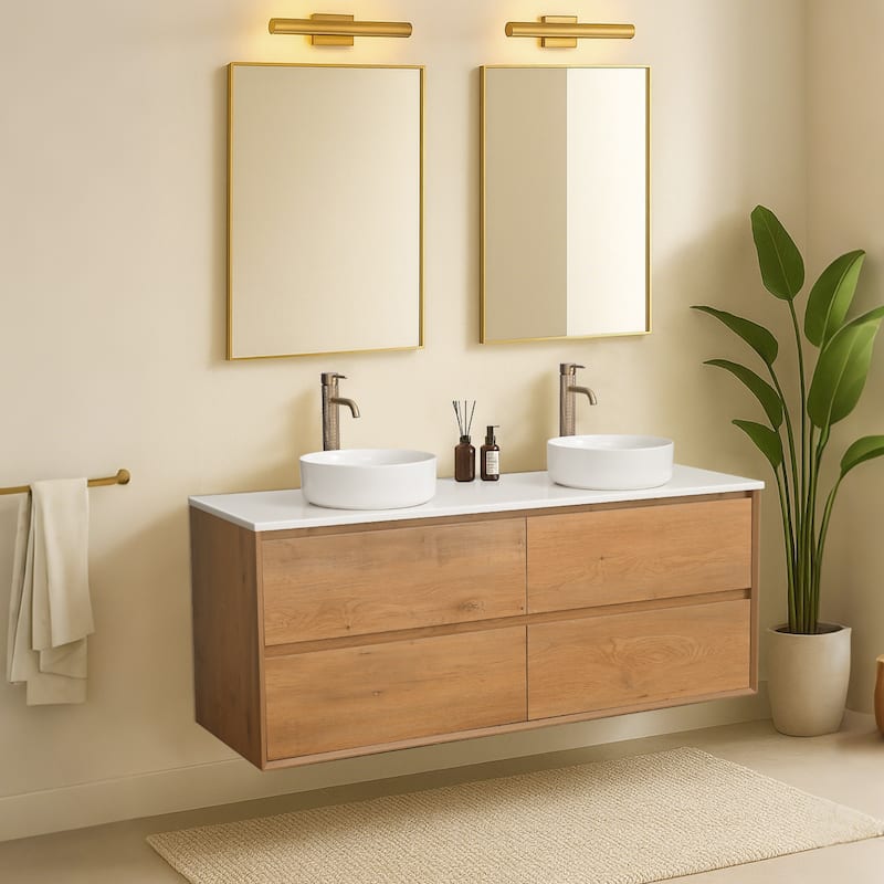 60" Floating Bathroom Vanity Quartz Counter Top with Double Ceramic Vessel Sink