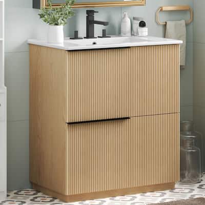 30" Bathroom Vanity with Ceramic Sink and Full-Extension Drawers, Soft Close Undermount Drawer Slides, Fluted Design, Natural