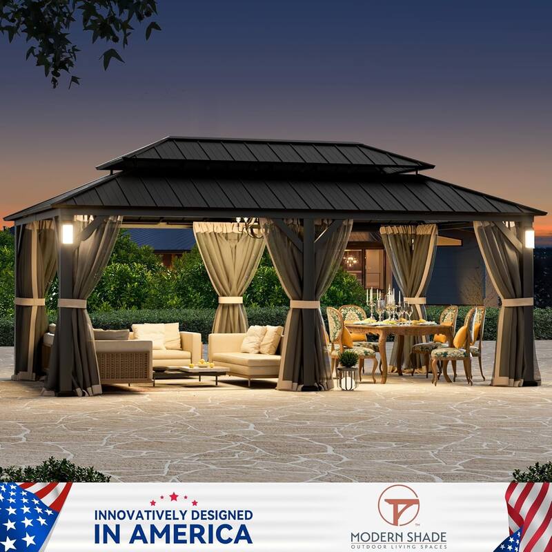 Modern Shade Permanent Hardtop Gazebo 12' x 20' wiith 4 LED Lights, Outdoor Grill Gazebo, Black