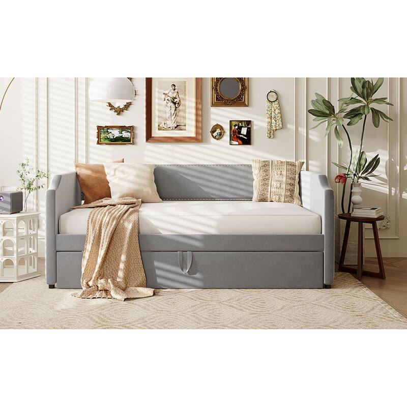 Roomfitters Twin Size Velvet Upholstered Daybed with Pop Up Trundle, Space Saving Sofa Bed Frame with Slats