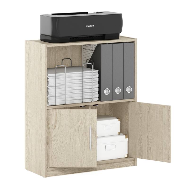 Furinno Gruen 2-Tier Open Shelf Bookcase with 2 Doors Storage Cabinet