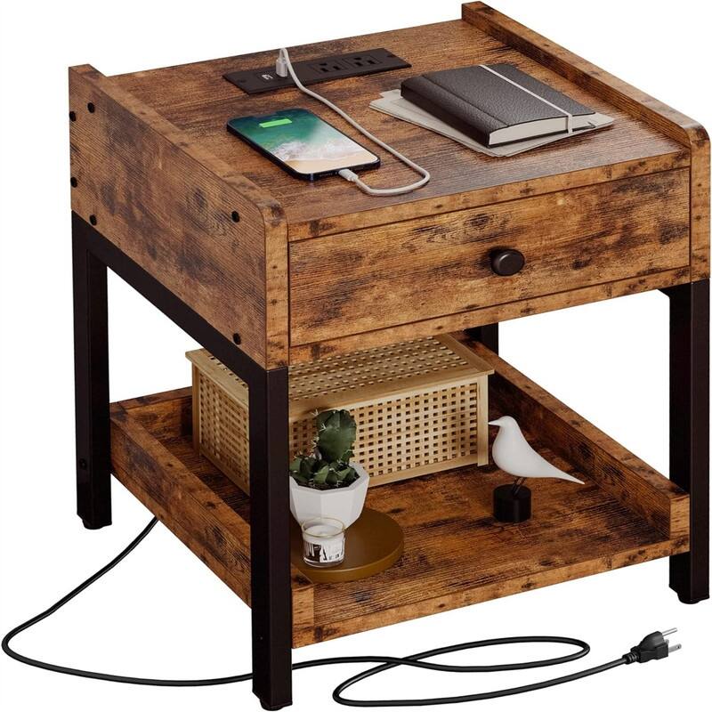 Nightstand Bedside Table with Charging Station - Brown