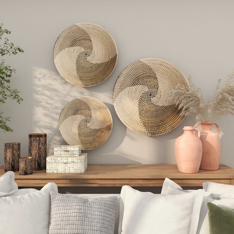Brown Seagrass Handmade Spiral Basket Plate Home Wall Decor (Set of 3)