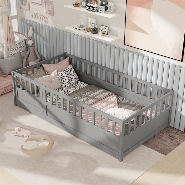 slide 2 of 14, Twin Size Floor Bed with High Security Barrier Grey
