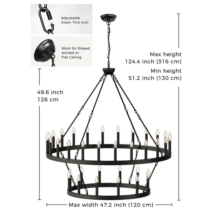 2 Tier Dining Room Light Fixture, Wagon Wheel Chandelier 47/60/70 inch Extra Large, Farmhouse Round Rustic Lighting