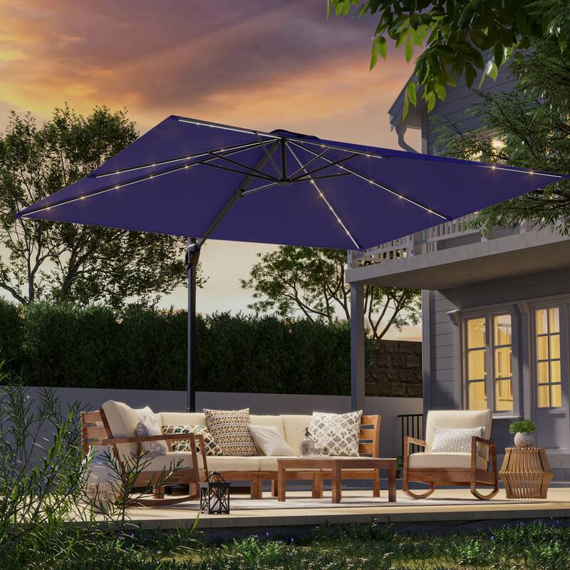 LIVOOSUN 10x8ft LED Rectangle Cantilever Umbrella Patio Offset Umbrella For Outdoor Space, Solution-Dyed Fabric, 360° Rotation - Navy Blue