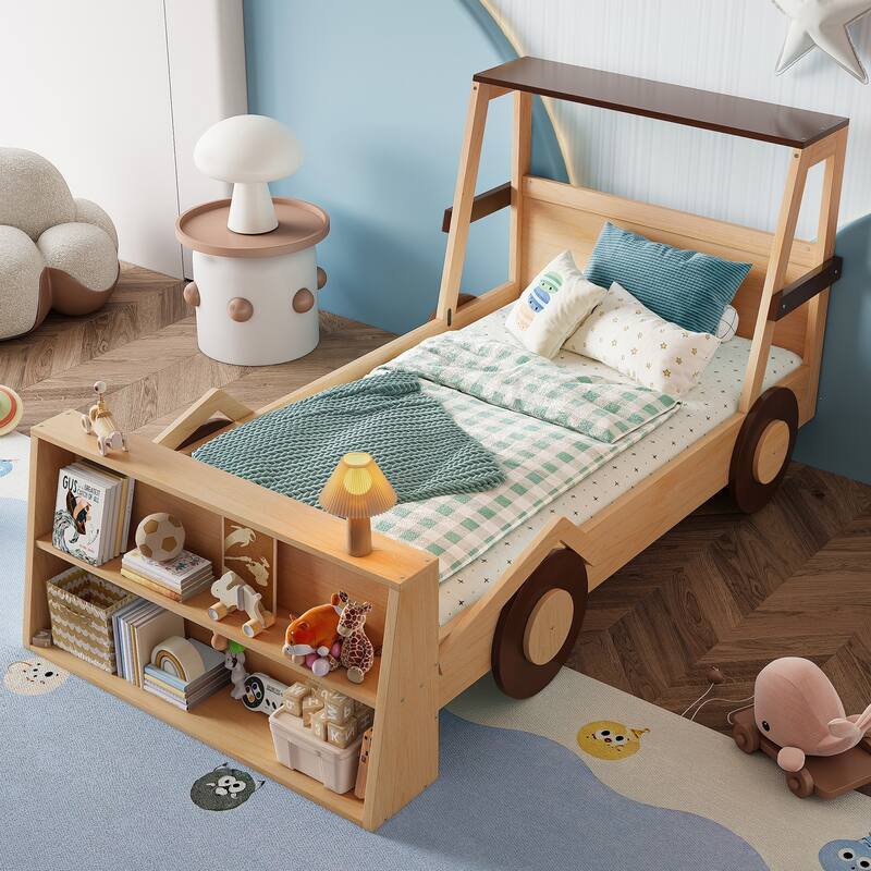 Twin Size Car Bed with Storage Shelves, Kids Platform Bed with Cute Car-shape, Childlike Design, Blue White - Natural