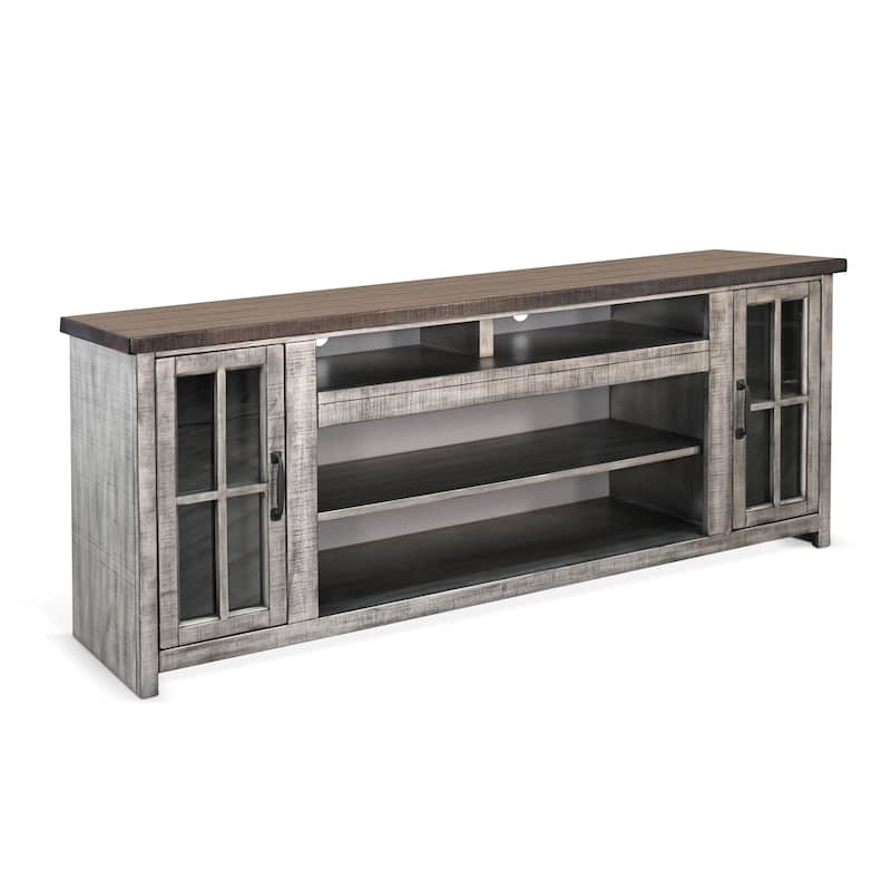 Gery TV Console w Crystal Fireplace Insert Option, 76 Inch, 2 Cabinets, Gray Brown Mahogany