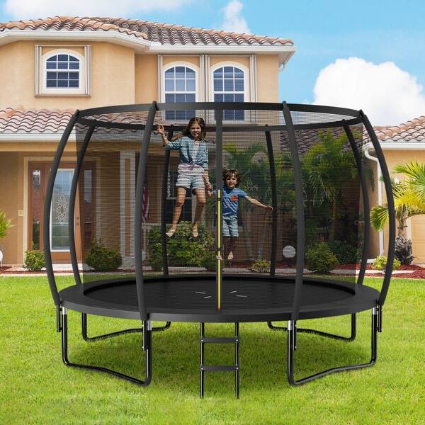 slide 2 of 18, 12FT ASTM Approved Recreational Trampoline with Ladder-Black Black
