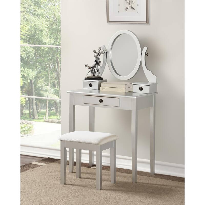 Roundhill Furniture Moniys Wood Moniya Makeup Vanity Table and Stool Set - Silver