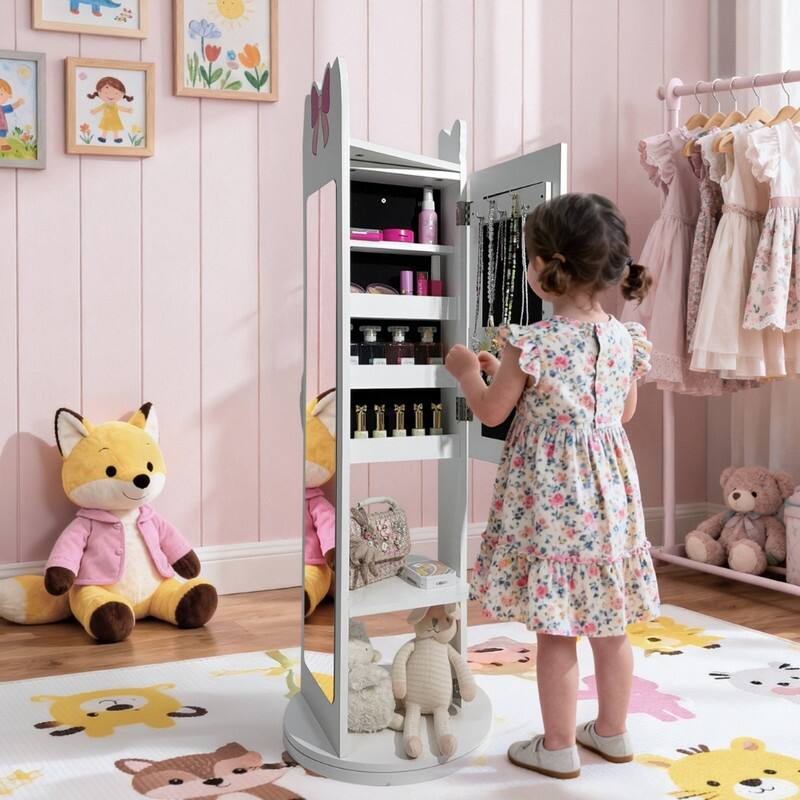 Kids MDF Jewelry Cabinet In White Jewelry Armoire With Rotatable Base, 1 Door And 1 Shelf - N/A