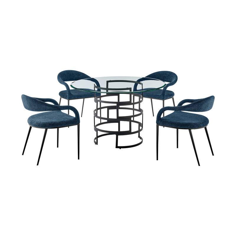 Diaz Morgan 5 Piece Round Glass Dining Table Set with Metal Frame and Upholstered Chairs