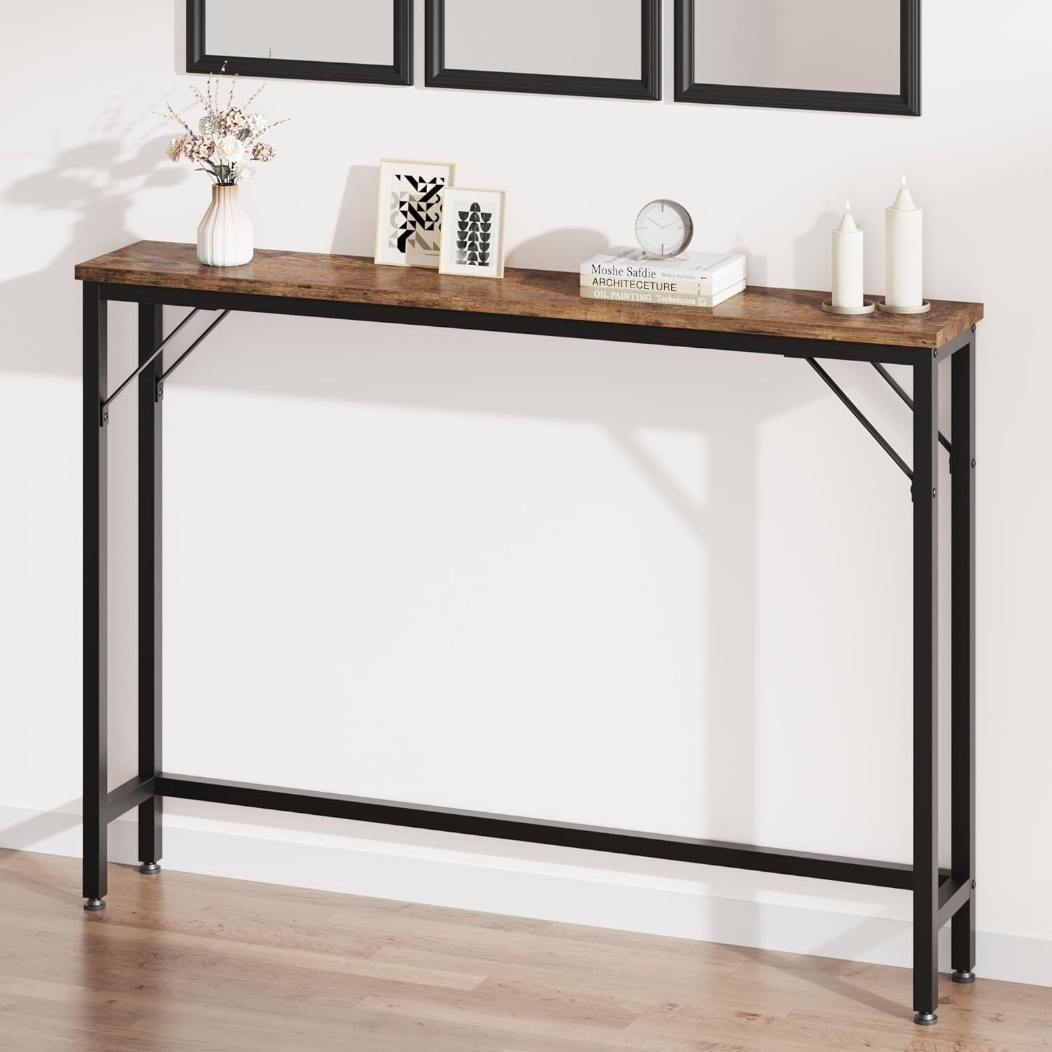Skinny table store behind sofa