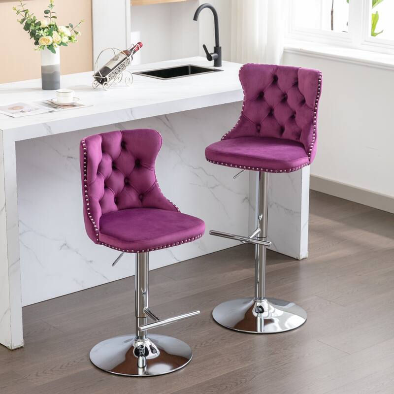 Swivel Velvet Barstools Set of 2 Adjustable Height Bar Stool with Chrome Base Modern Tufted Back Bar Stool