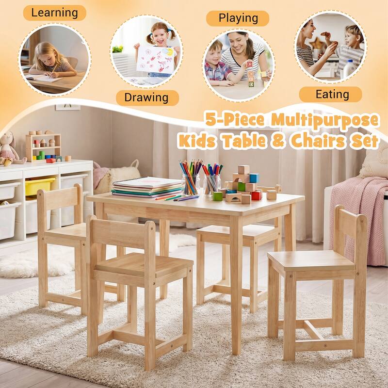 Gymax 5-Piece Kids Table and Chairs Set Solid Rubber Wood Toddler